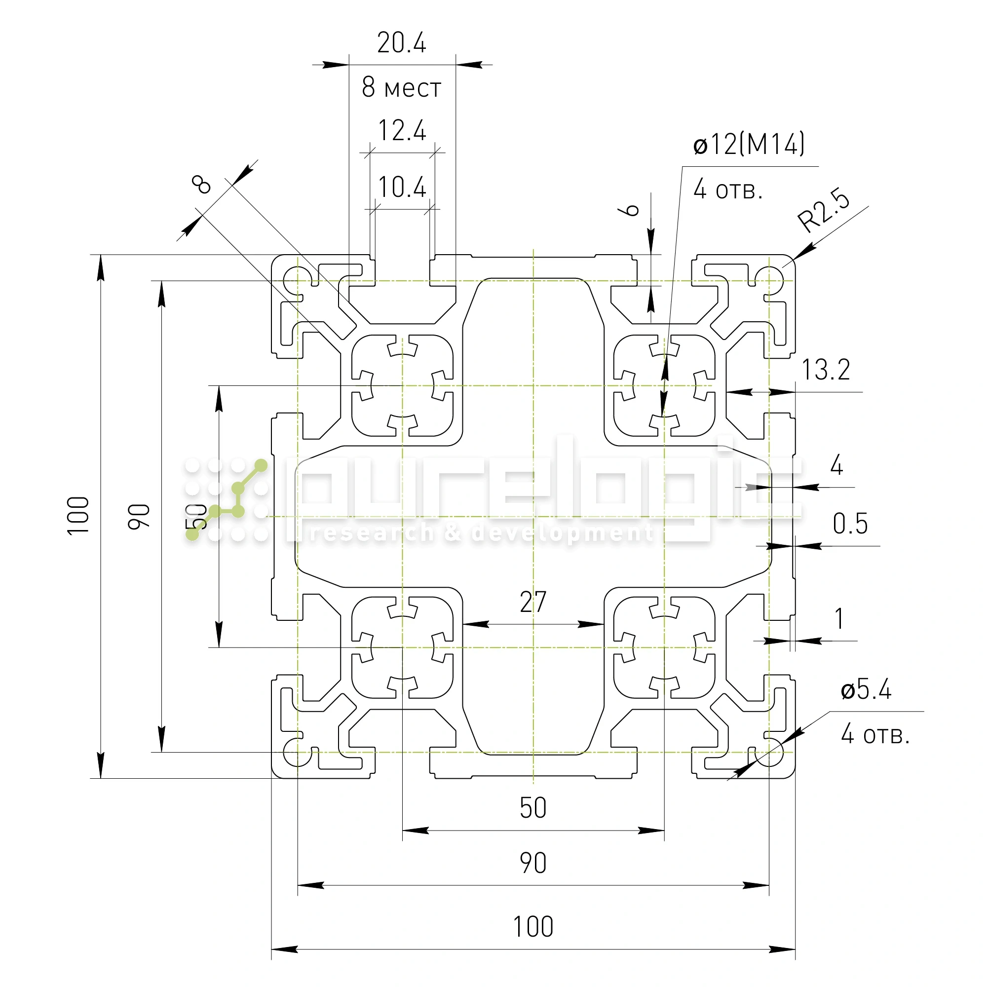 Профиль алюминиевый  HXB100100E-10 7 036 Профиль алюминиевый  HXB100100E-10 фото