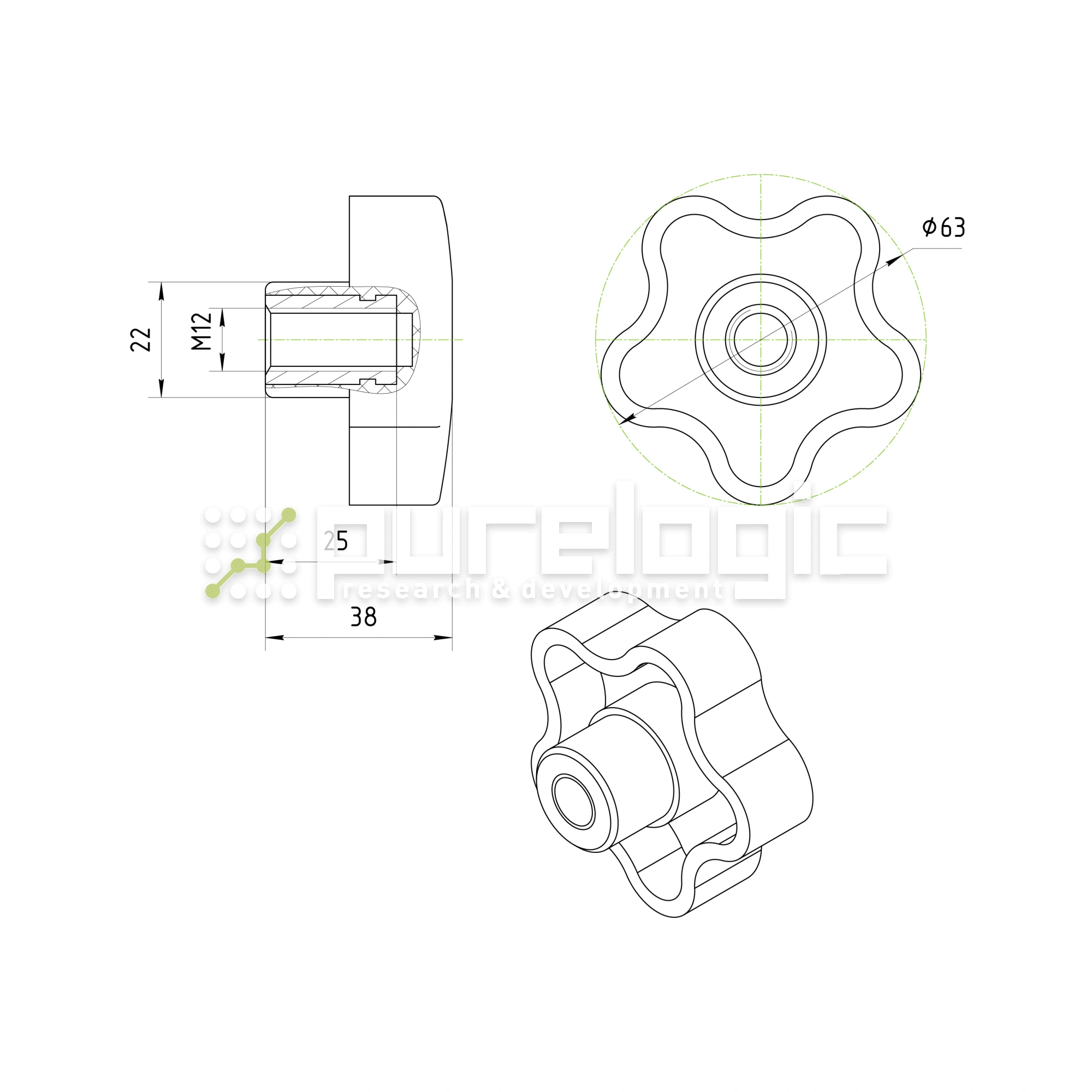 Ручка пятилепестковая 100208-63*M12 382 Ручка пятилепестковая 100208-63*M12 фото